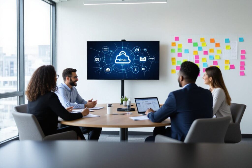 4 people sitting in an office, around a circular desk with a large screen in front of them, displaying ai symbols for 20 Best AI Tools for Small Business.