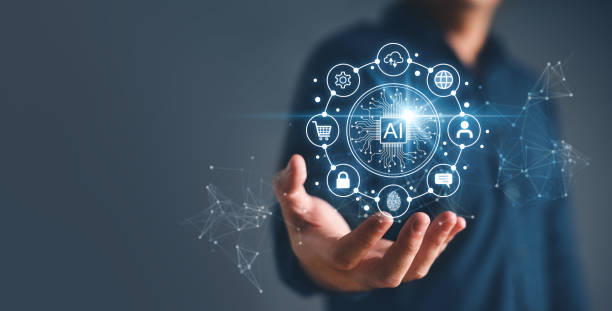 20 Best AI Tools for Small Business. Artificial intelligence and Automated machine learning language blue digital user interface with businessman hand background. Cybersecurity computer vision metaverse twin drive business industrial.