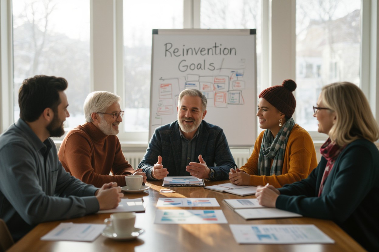 Reinvention group meeting, discussing goals for reinvention at any age.