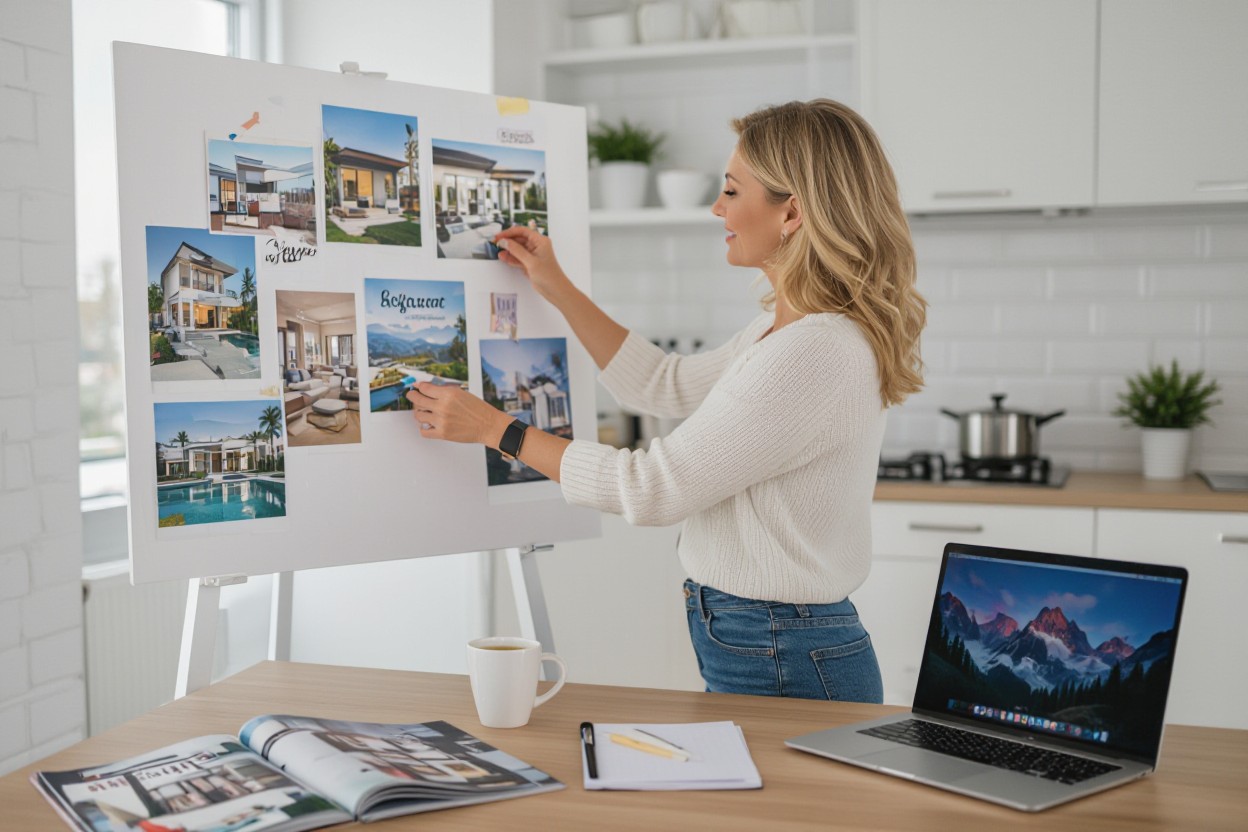 woman creating her vision board, researching on her laptop and magazines, creating her ideal home and reinvention at any age. 