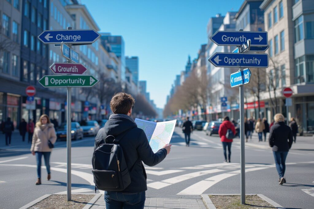 Dealing With Unexpected Life Changes: 7 Mindset Shifts to Regain Control. Young man standing at crossroads in a city intersection.
